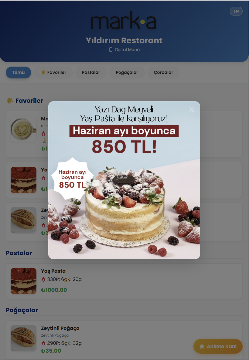 Restorana Özel Akıllı QR Menü